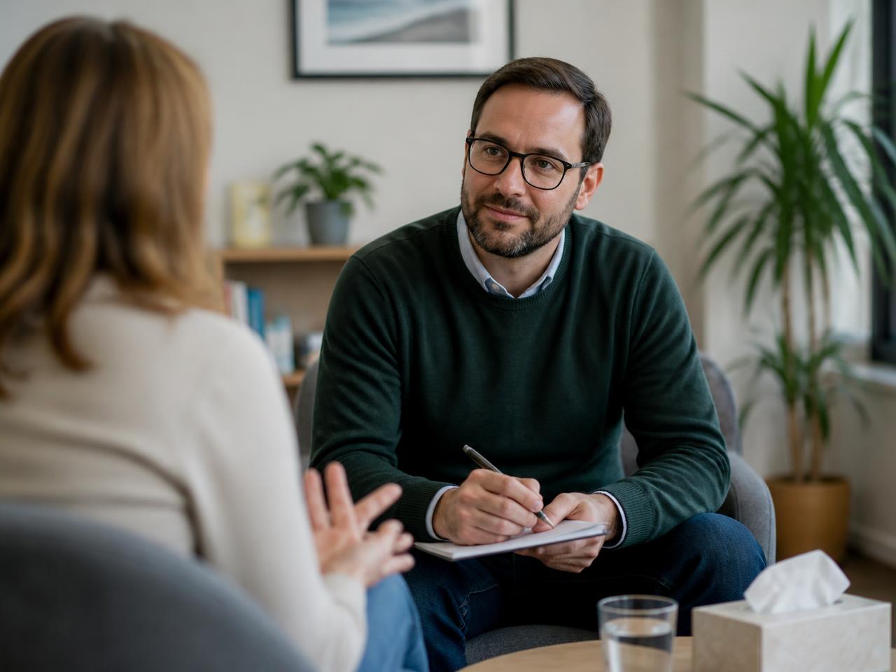 Therapist listening to a client during a consultation